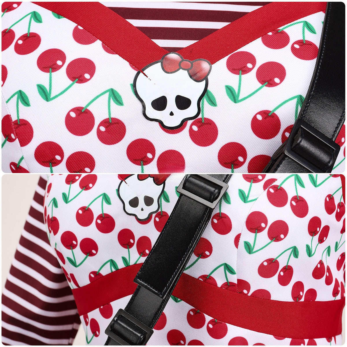 Close-up of the cherry and skull print, red trim and black crossbody bag strap