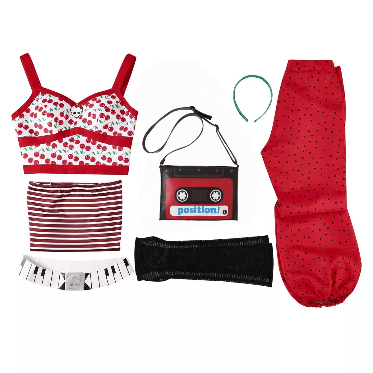 Flat lay of the cherry-print top, striped shirt, red pants, belt, bag, headband and mesh gloves