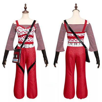 Front and back views of the Ghoulia Yelps cosplay outfit with red polka-dot pants