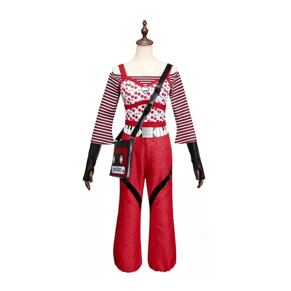 Front view of a Ghoulia Yelps cosplay outfit with a cherry-print top, striped sleeves and red pants