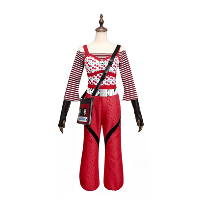 Front view of a Ghoulia Yelps cosplay outfit with a cherry-print top, striped sleeves and red pants