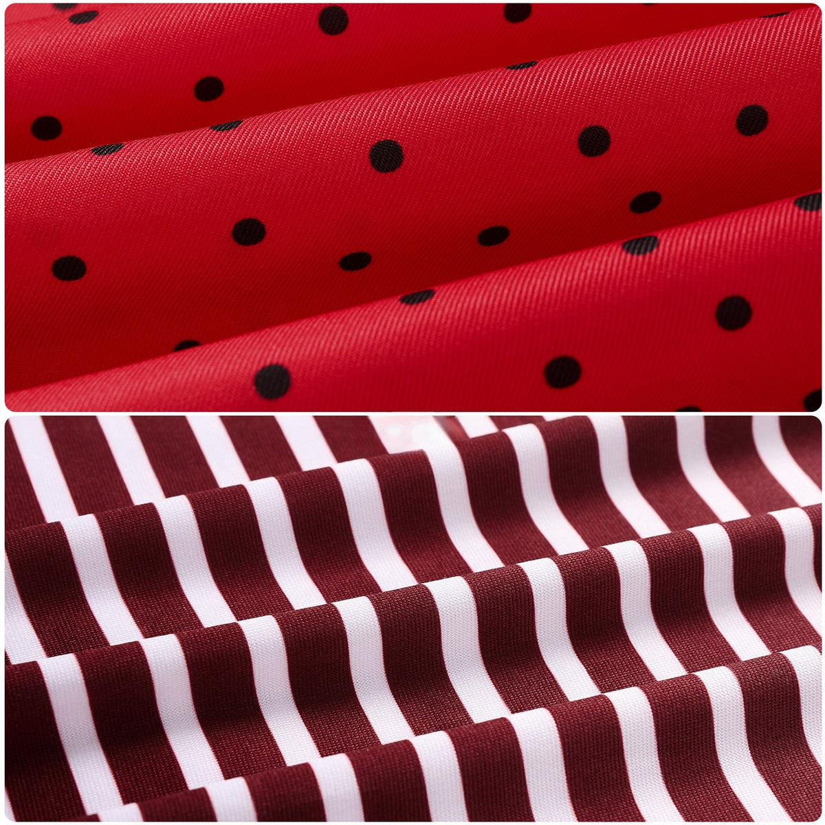 Close-up of red fabric with black polka dots and red and white striped fabric