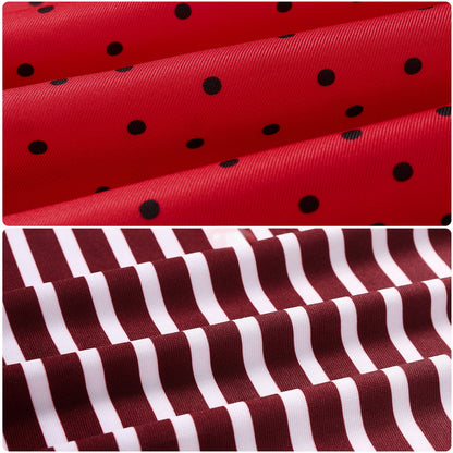 Close-up of red fabric with black polka dots and red and white striped fabric