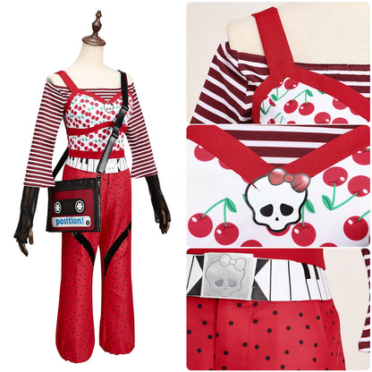 Ghoulia Yelps cosplay outfit with close-up views of the cherry print, neckline and belt