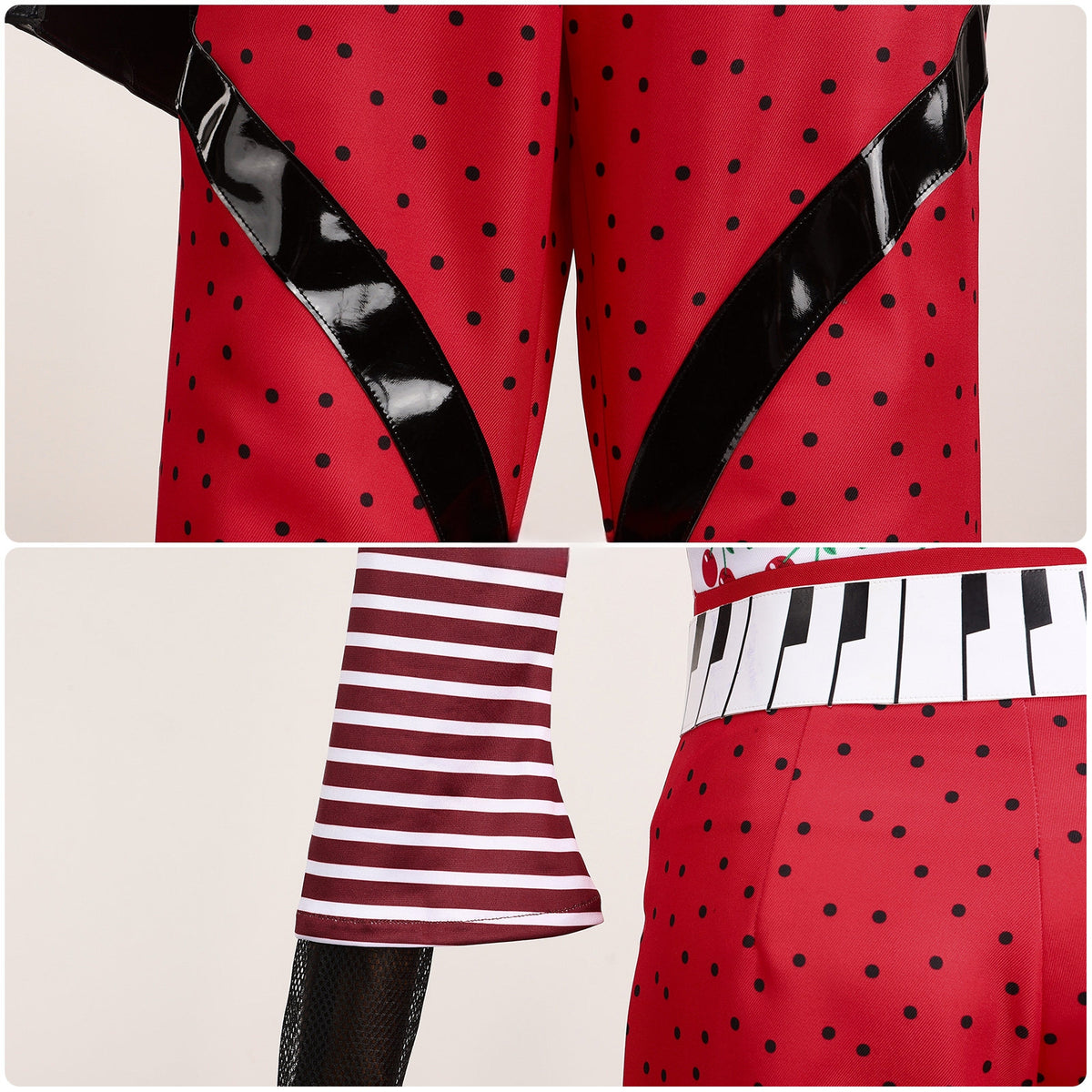 Black contrasting panels and pocket details on the red polka-dot cosplay pants