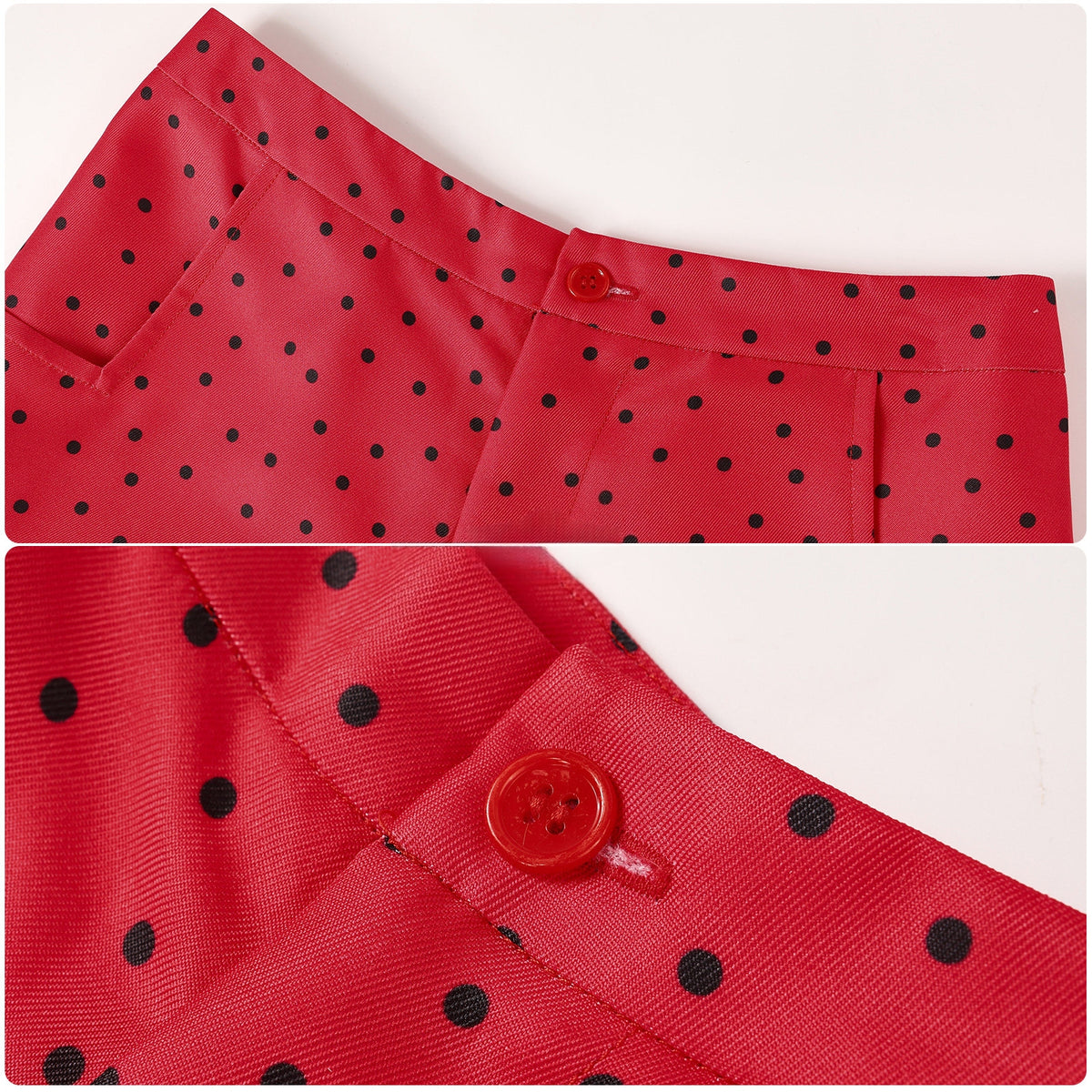 Waistband and red button details on the polka-dot cosplay pants