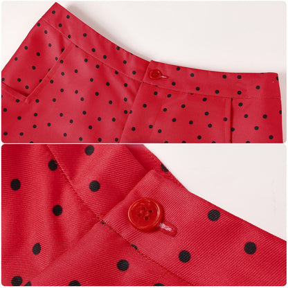 Waistband and red button details on the polka-dot cosplay pants