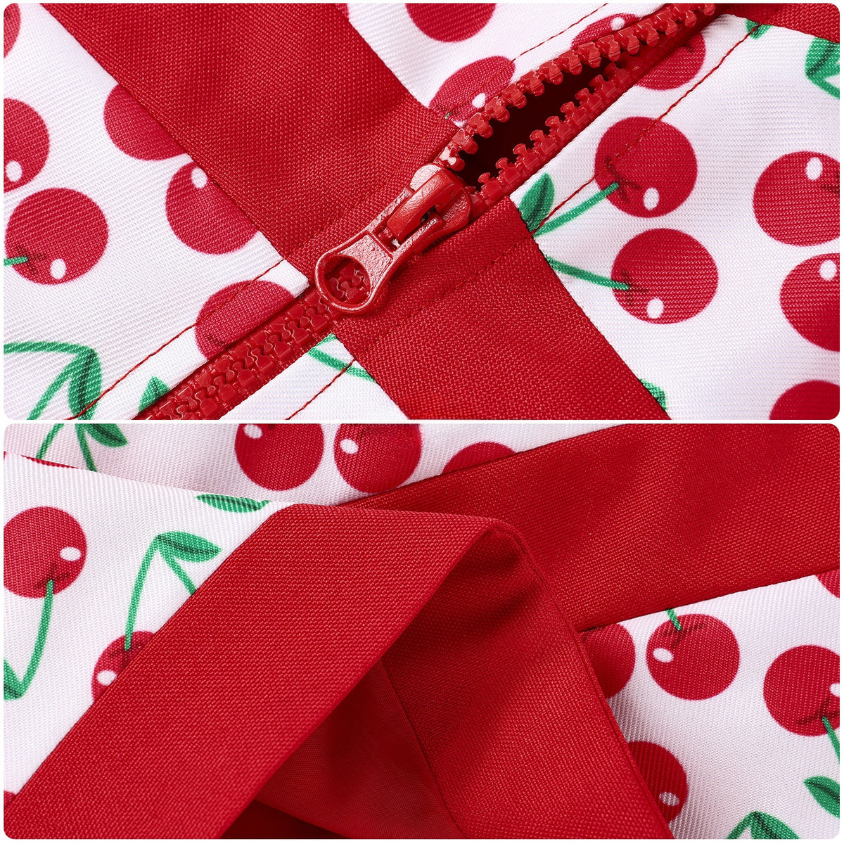 Close-up of the red zipper and matching trim on the cherry-print cosplay top