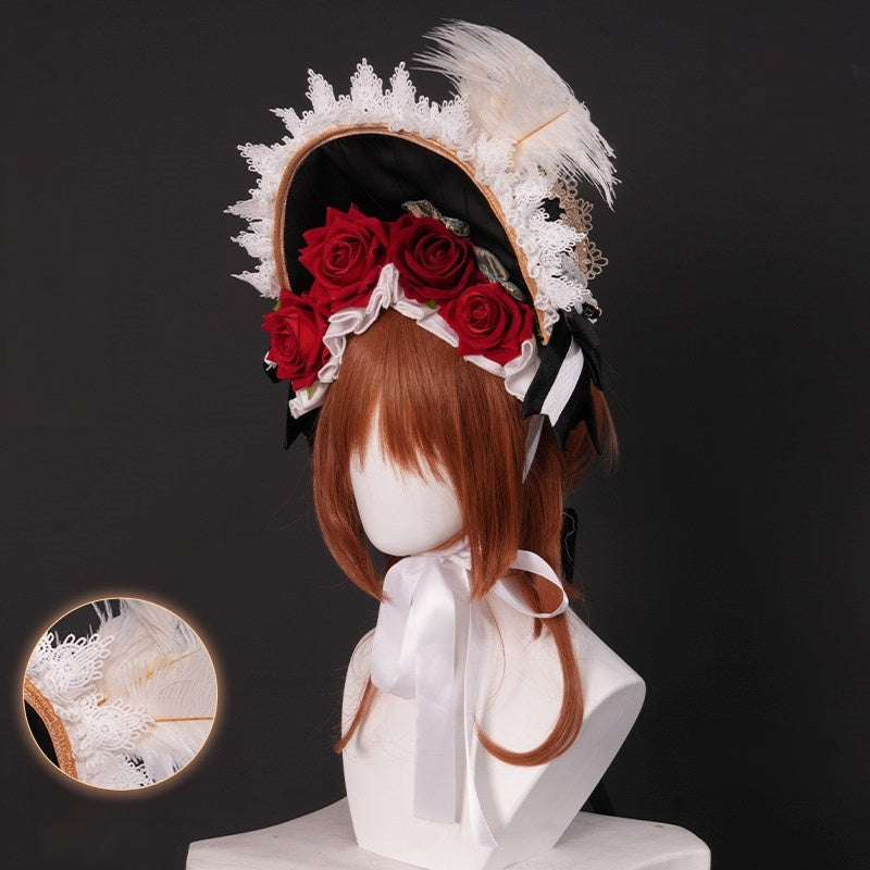 Red and white Identity V Gardener cosplay headpiece with feather details