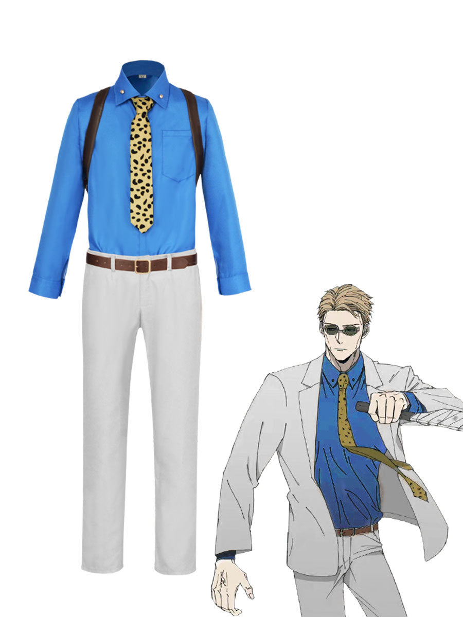 Kento Nanami cosplay outfit with blue shirt, spotted tie, shoulder harness, belt, and light-colored pants beside an anime illustration
