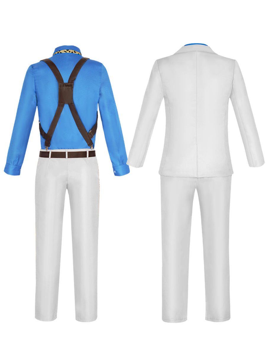 Back views of Kento Nanami cosplay costume showing the blue shirt with shoulder harness and the light-colored suit jacket
