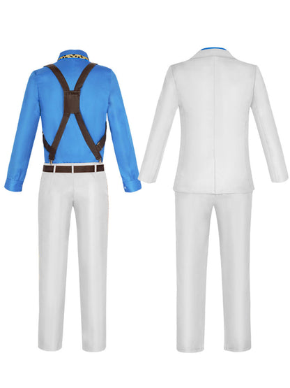 Back views of Kento Nanami cosplay costume showing the blue shirt with shoulder harness and the light-colored suit jacket