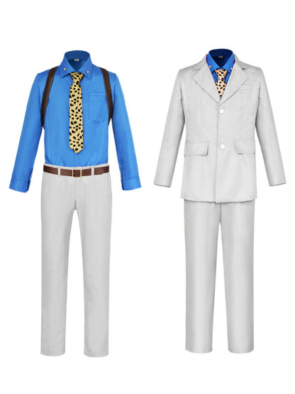 Front views of Kento Nanami cosplay costume shown with and without the light-colored suit jacket