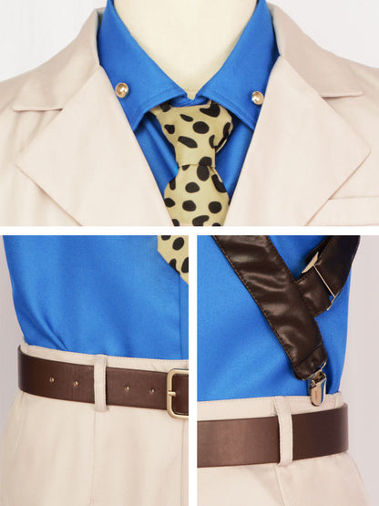 Close-up views of Kento Nanami's spotted tie, blue shirt, suit lapels, brown waist belt, and shoulder harness
