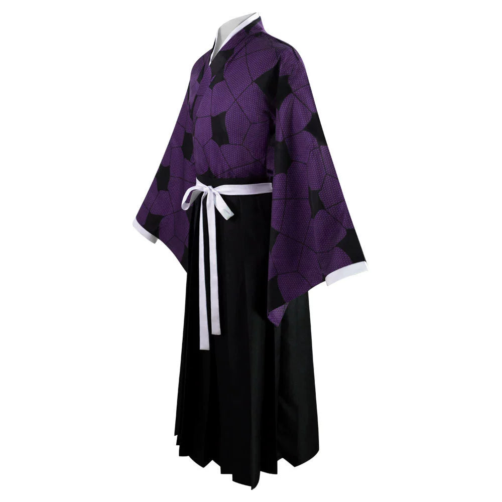 Angled view of the Kokushibo cosplay costume featuring a purple and black patterned kimono top with black hakama pants