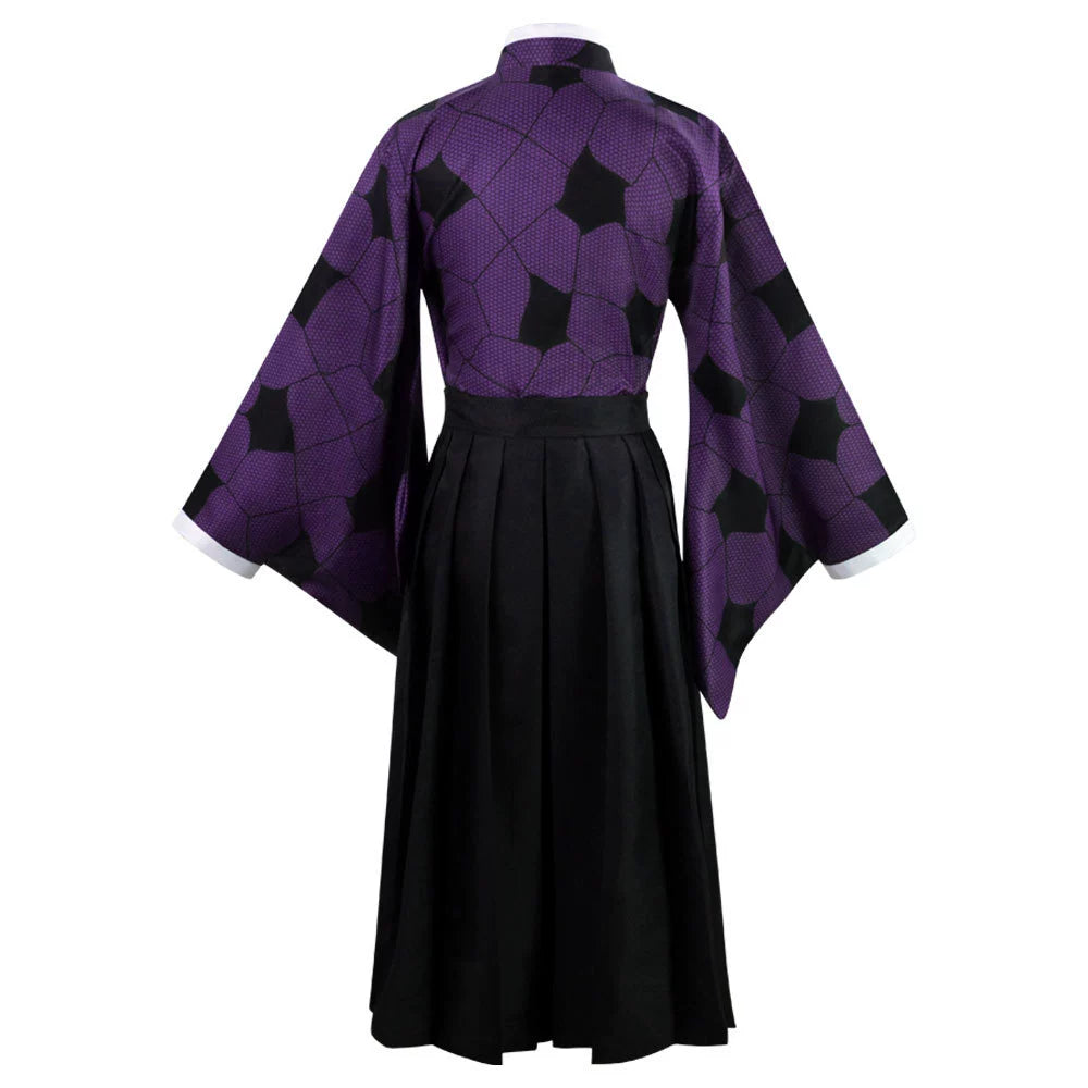 Back view of the Kokushibo cosplay costume showing the purple patterned kimono top and black hakama pants