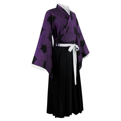 Side view of the Kokushibo cosplay costume showing wide kimono sleeves, white waist ties, and black hakama pants