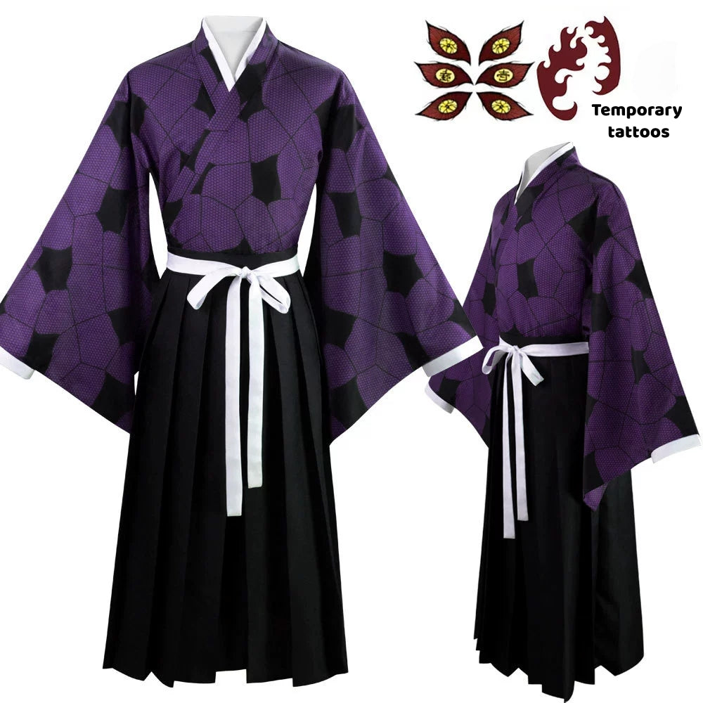 Front and back views of the Kokushibo cosplay costume with complimentary temporary tattoo stickers