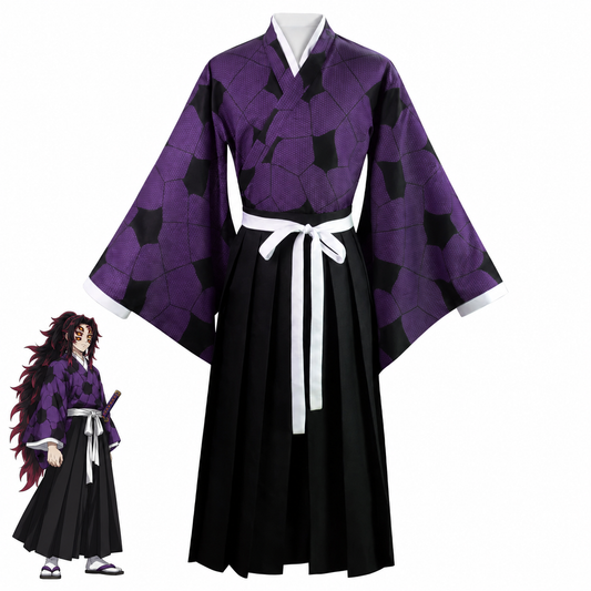 Kokushibo cosplay costume with a purple patterned kimono top and black hakama pants, shown alongside an anime character illustration