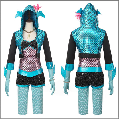 Front and back views of a Lagoona Blue cosplay costume with a cropped scale-patterned hooded jacket