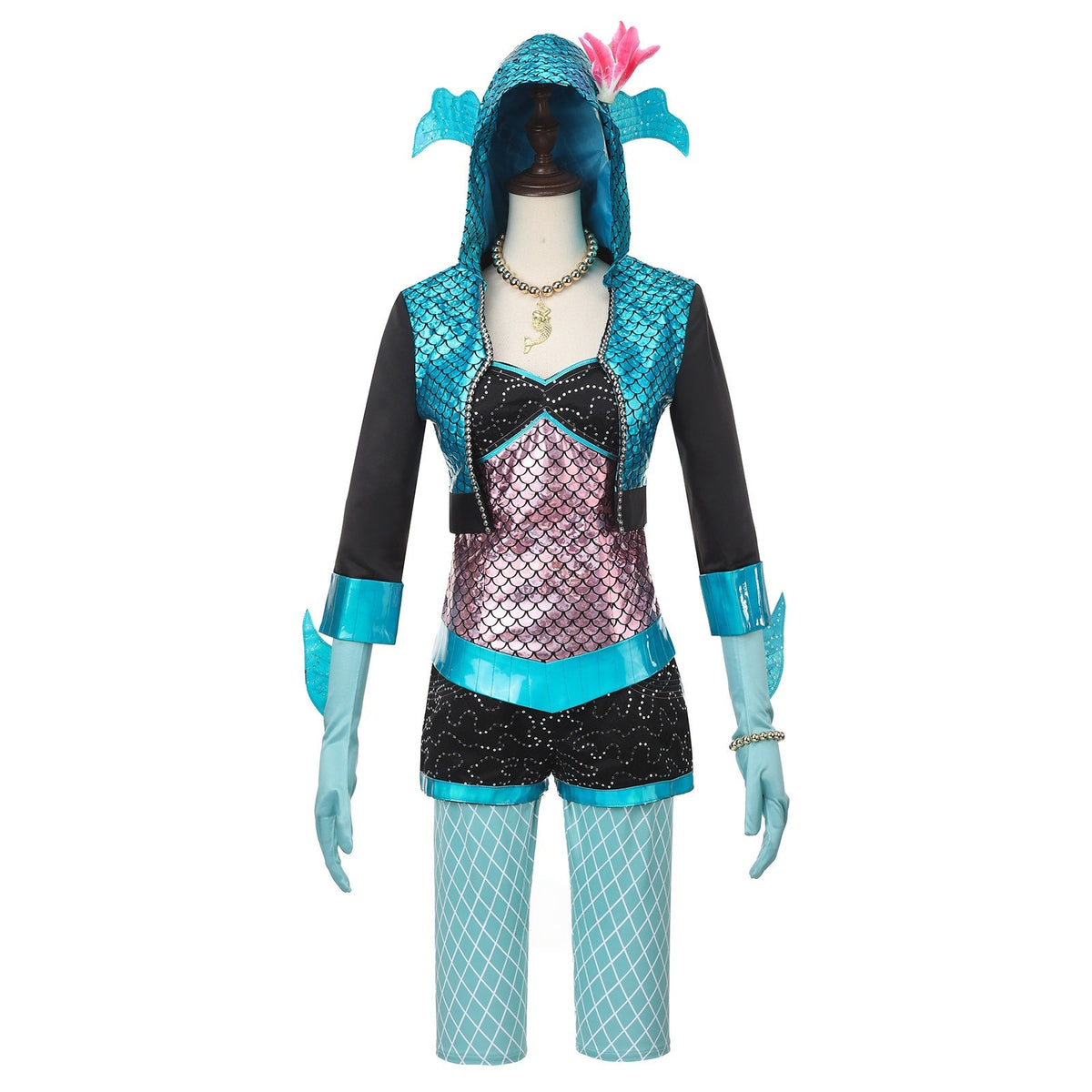 Front view of a Lagoona Blue cosplay costume with a teal hooded jacket, pink top and black shorts