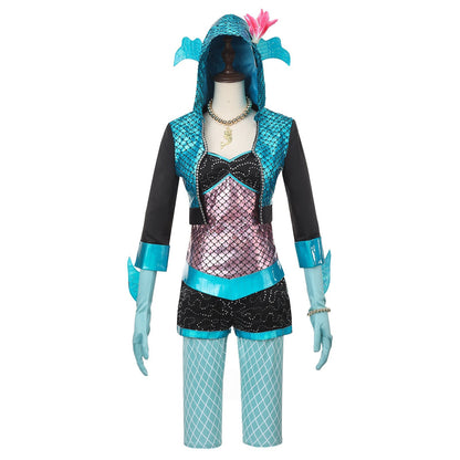 Front view of a Lagoona Blue cosplay costume with a teal hooded jacket, pink top and black shorts