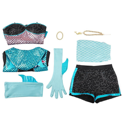 Flat lay of Lagoona Blue cosplay clothing pieces and coordinating accessories