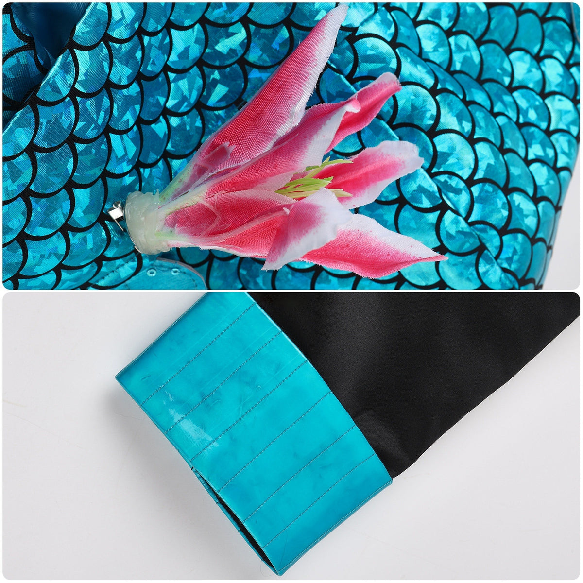 Teal scale-patterned hood with a pink floral decoration and matching jacket cuff