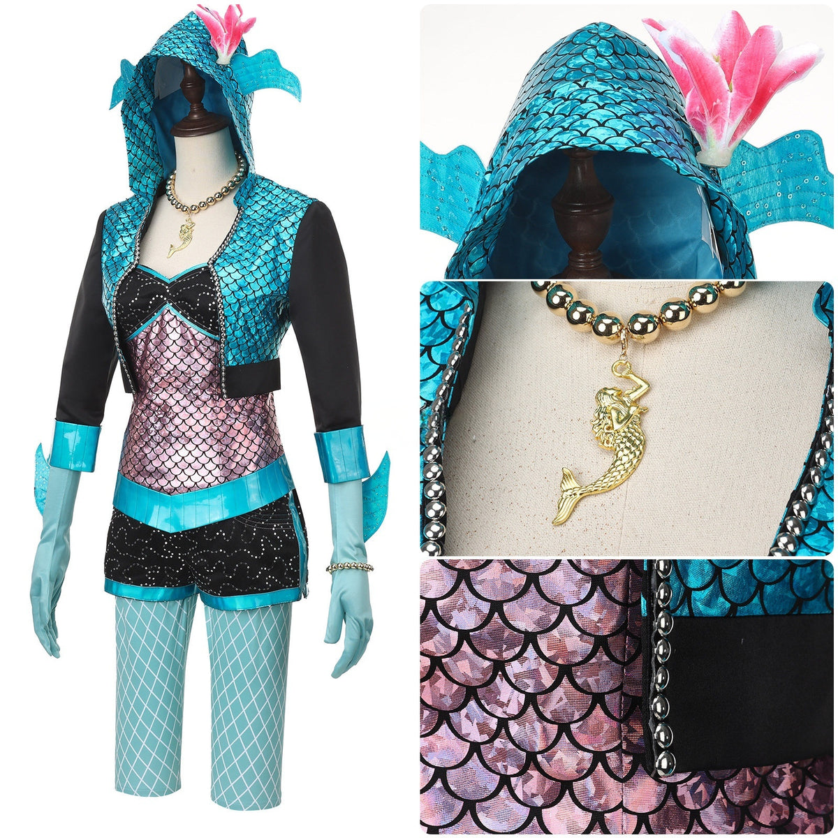Lagoona Blue cosplay outfit with close-up views of the decorated hood, necklace and pink scale-print top