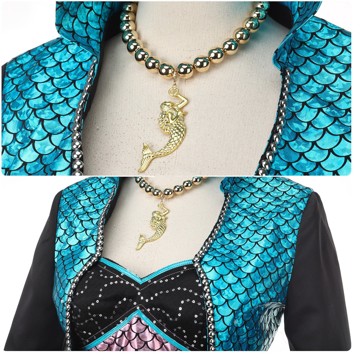 Close-up of the gold-tone necklace, teal jacket and pink patterned top