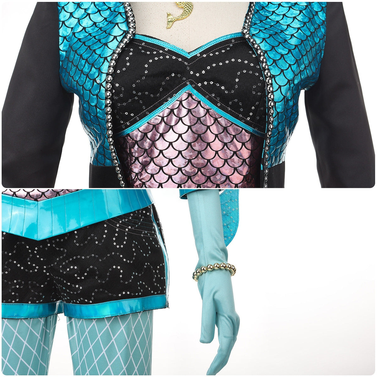 Details of the pink scale-print top and black shorts with teal trim