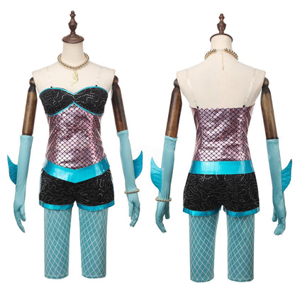 Front and back views of the Lagoona Blue cosplay top and shorts with aqua fishnet-style leg pieces