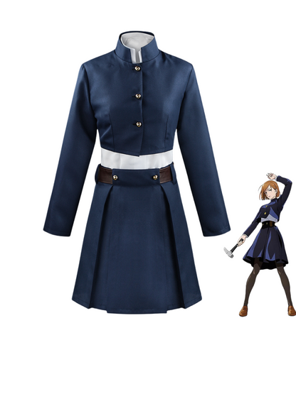 Blue Nobara Kugisaki cosplay uniform with cropped jacket, skirt, and waist belt