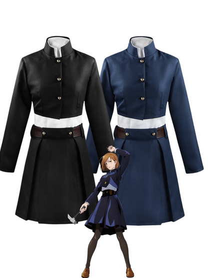 Nobara Kugisaki Jujutsu Kaisen cosplay uniforms in blue and black with jackets, skirts, and belts