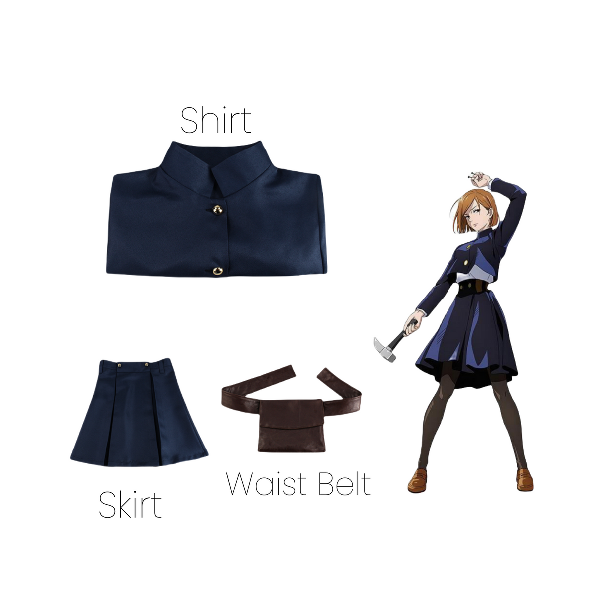 Nobara Kugisaki cosplay set showing blue jacket, matching skirt, and brown waist belt