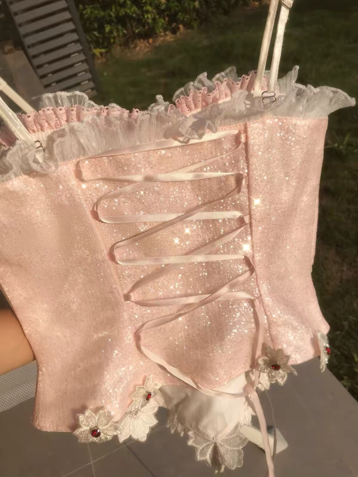 Lace-up back detail of pink Nutcracker ballet tutu costume