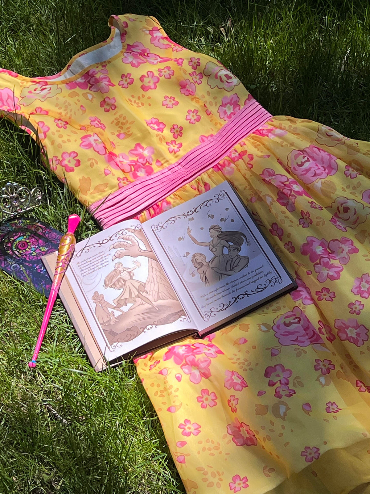 Princess Alexa yellow dress cosplay costume from Barbie and the Secret Door with floral details