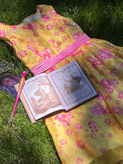 Princess Alexa yellow dress cosplay costume from Barbie and the Secret Door with floral details
