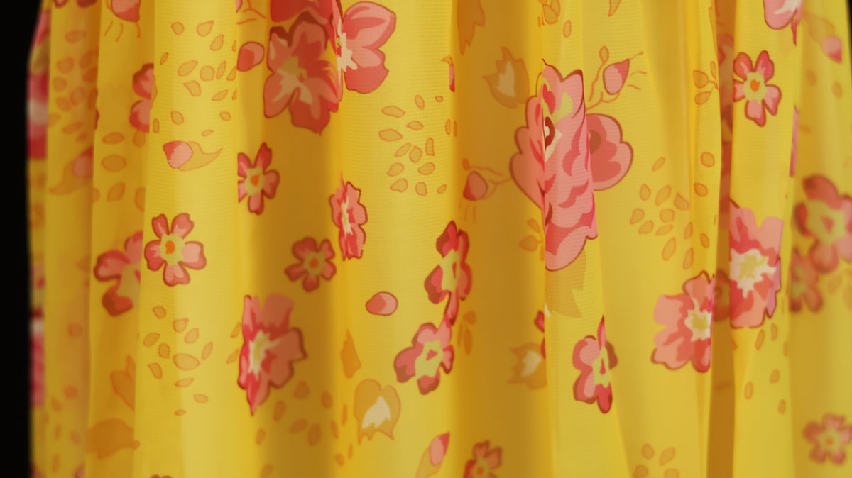 Princess Alexa yellow cosplay dress fabric with colorful floral pattern details