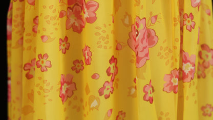Princess Alexa yellow cosplay dress fabric with colorful floral pattern details