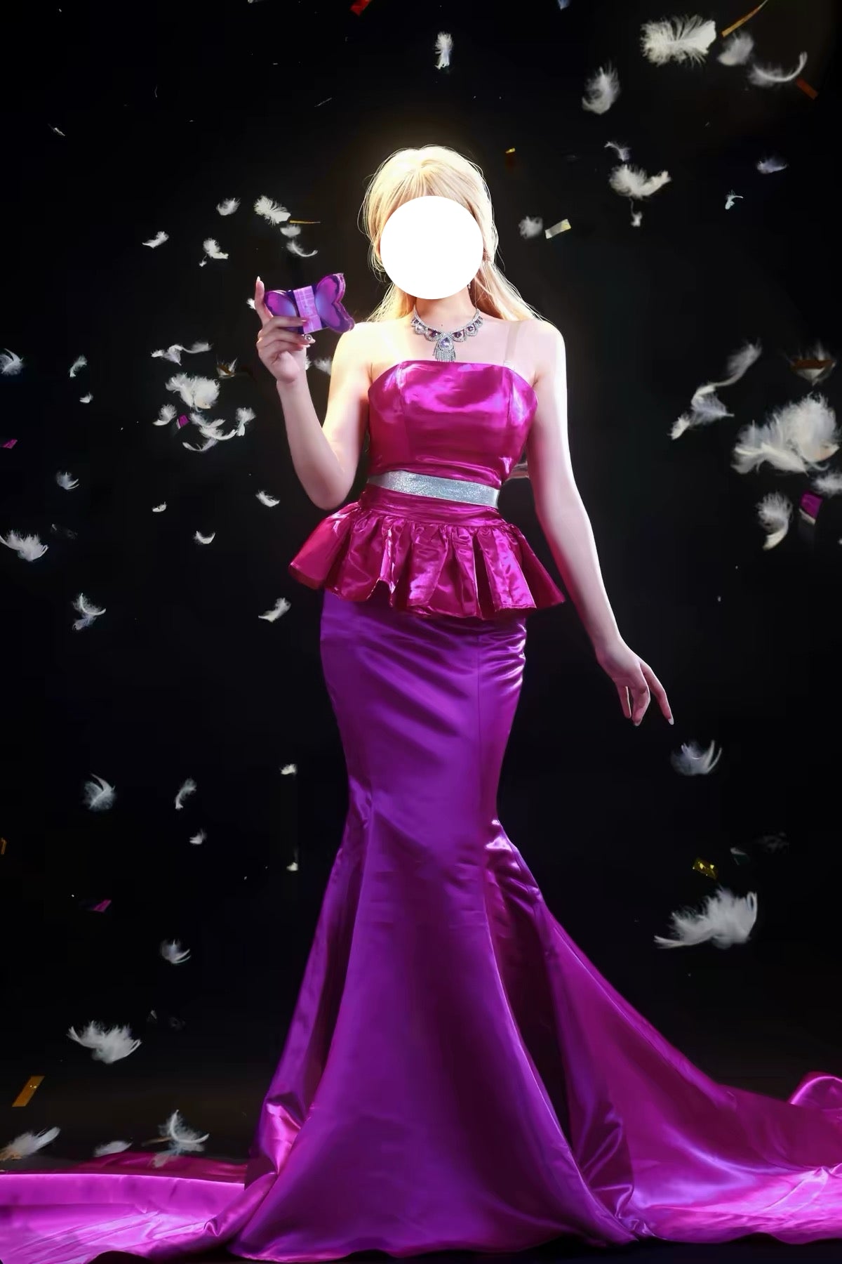 Purple mermaid fairy costume dress displayed in a fantasy setting