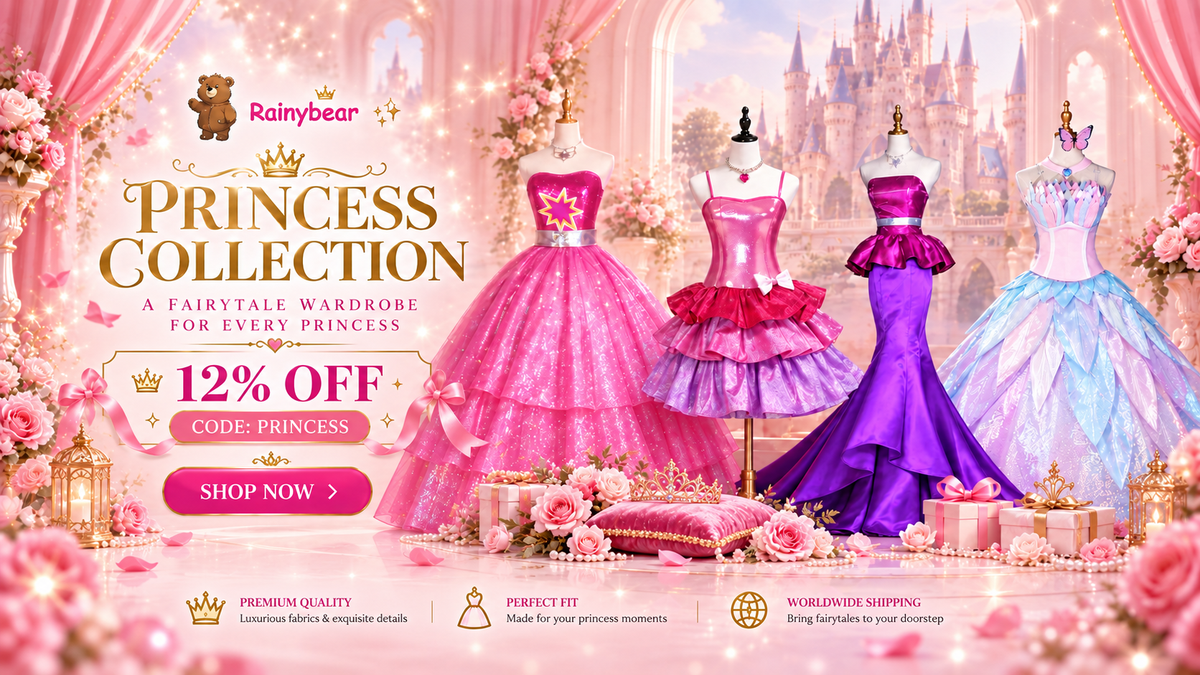 Fairytale princess costume collection banner by Rainybear featuring pink and purple princess dresses, a dreamy castle backdrop, and 12% off with code PRINCESS.