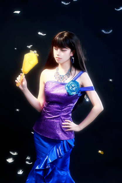 Close up of Raquelle purple and blue dress cosplay costume from Barbie A Fairy Secret