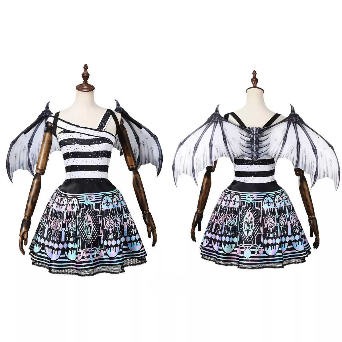 Rochelle Goyle cosplay outfit displayed on a mannequin with gray wings