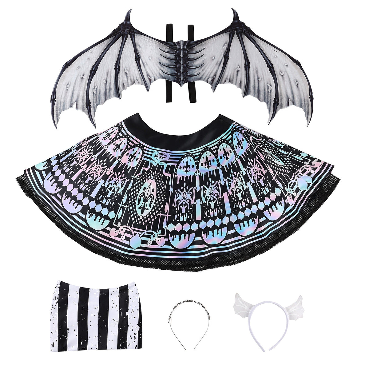 Flat lay of the striped top, gothic-print skirt, gray wings and coordinating accessories