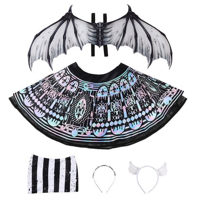 Flat lay of the striped top, gothic-print skirt, gray wings and coordinating accessories
