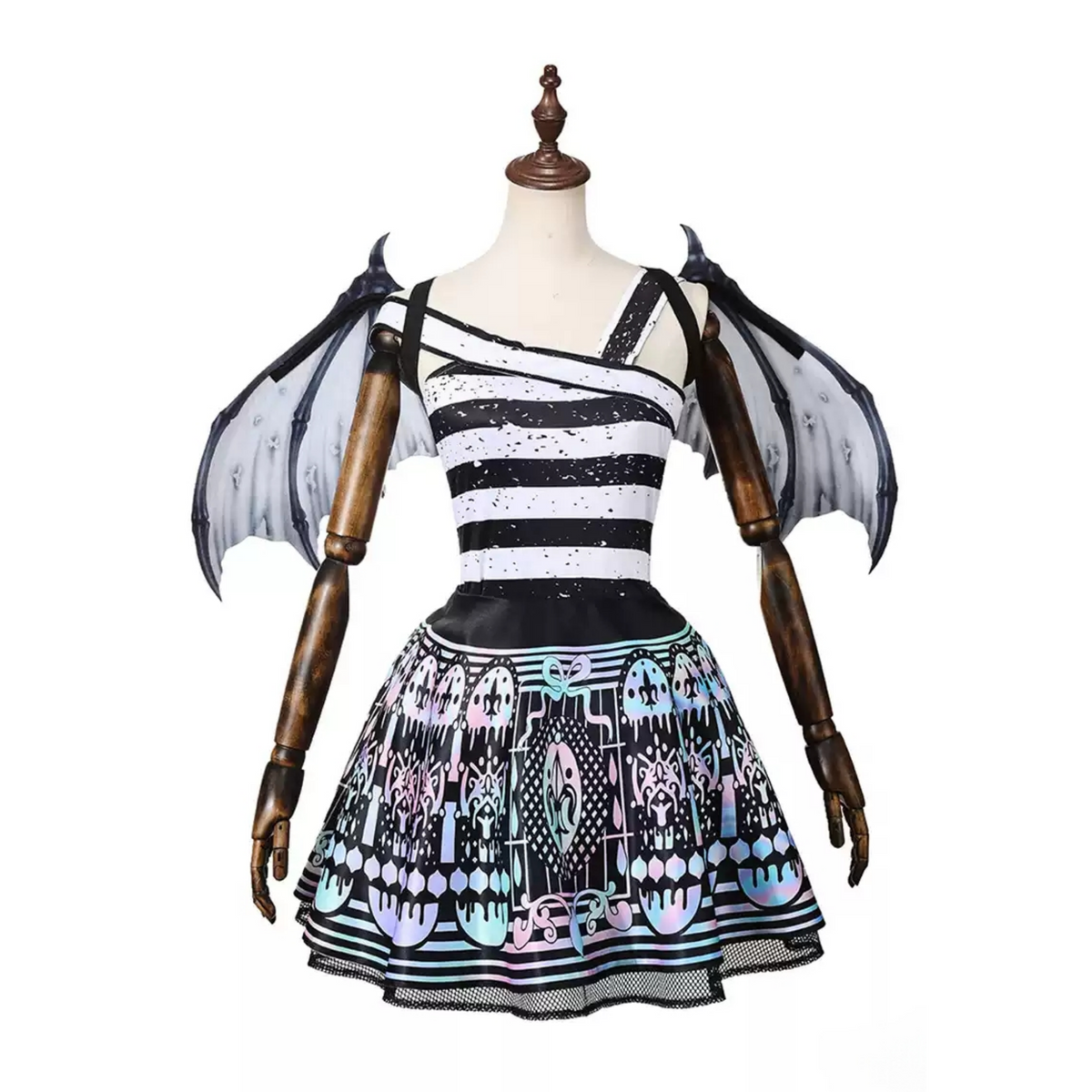 Rochelle Goyle character reference beside a striped top, gothic-print skirt and gray gargoyle wings