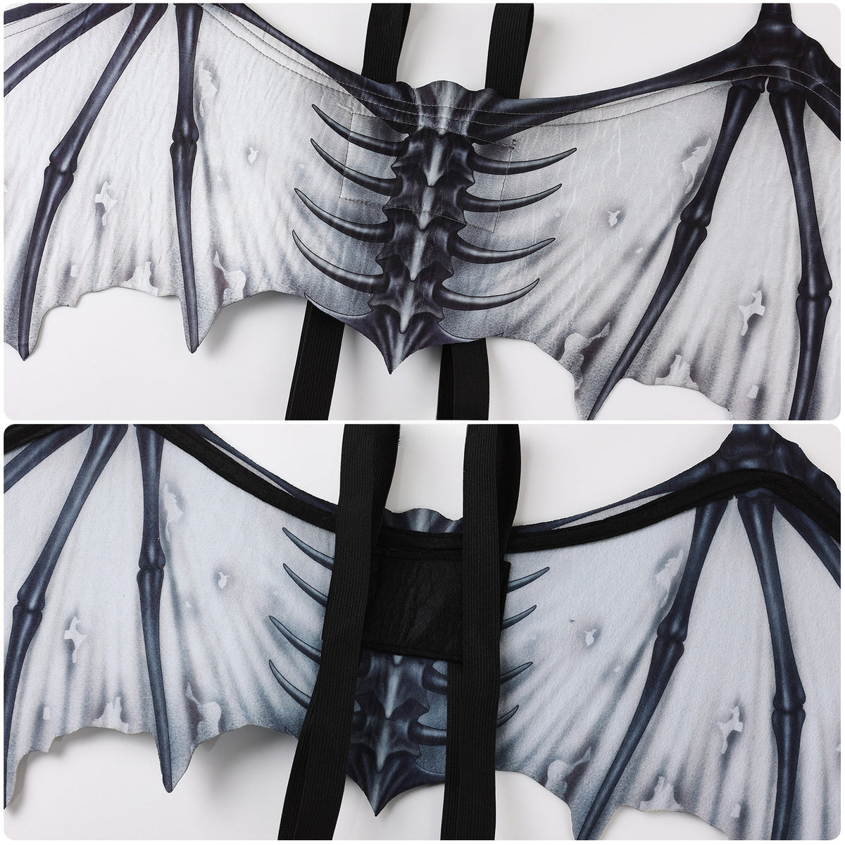 Front and back details of gray gargoyle cosplay wings with black structural accents