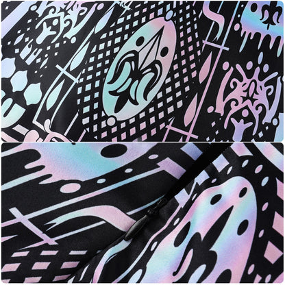 Pastel pink and blue gothic architectural motifs printed on the black skirt