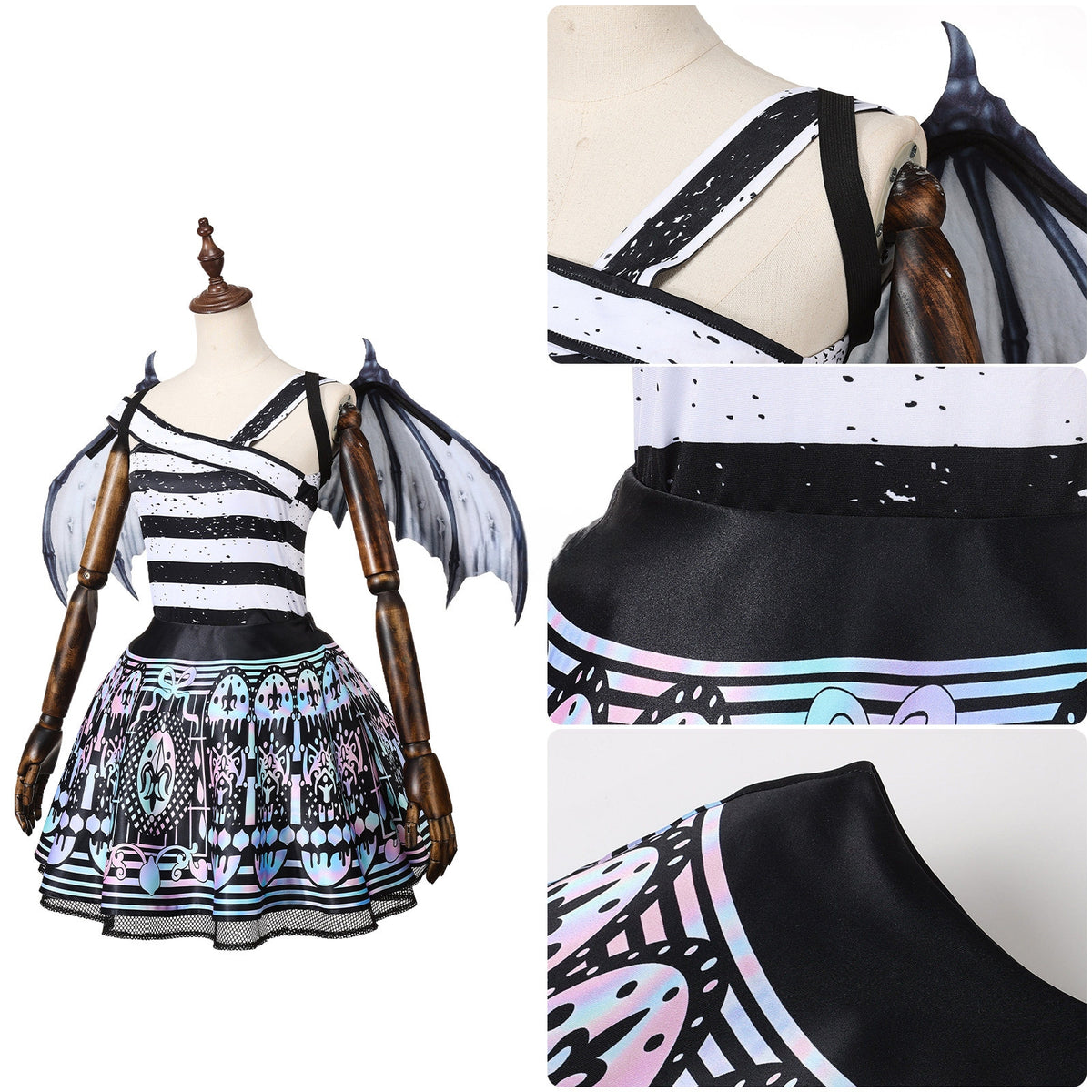Rochelle Goyle cosplay outfit with close-up views of the striped neckline and skirt waistband